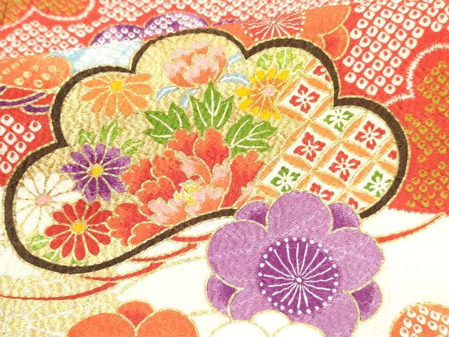 平和屋着物[]七五三　女の子　７歳　祝着　四つ身　駒刺繍　松取り飛鶴花文　暈し染め　金彩　DABE7178ma