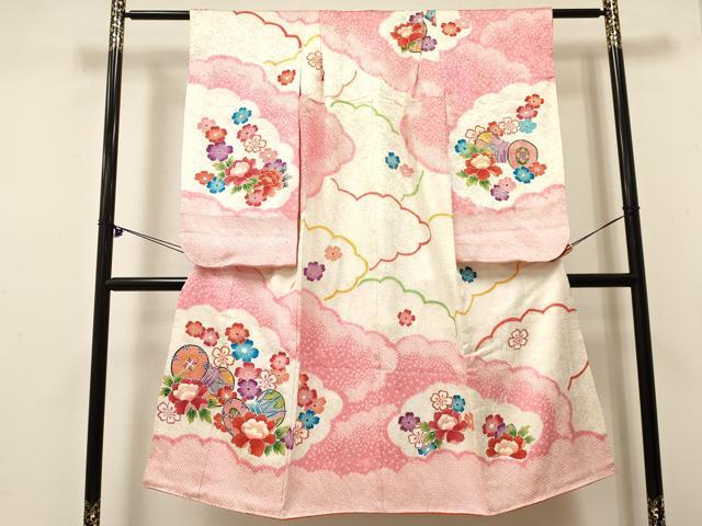 平和屋着物[]七五三　女の子　７歳　祝着　四つ身　絞り　鼓花文　金彩　逸品　DABE7179ma
