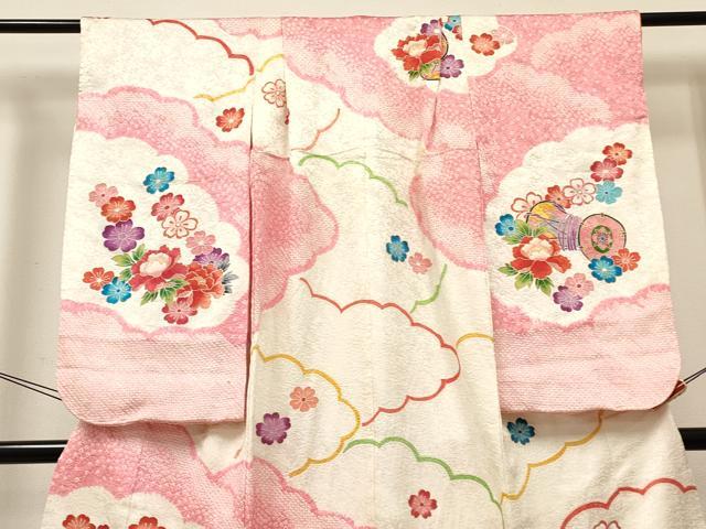 平和屋着物[]七五三　女の子　７歳　祝着　四つ身　絞り　鼓花文　金彩　逸品　DABE7179ma