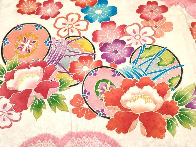 平和屋着物[]七五三　女の子　７歳　祝着　四つ身　絞り　鼓花文　金彩　逸品　DABE7179ma
