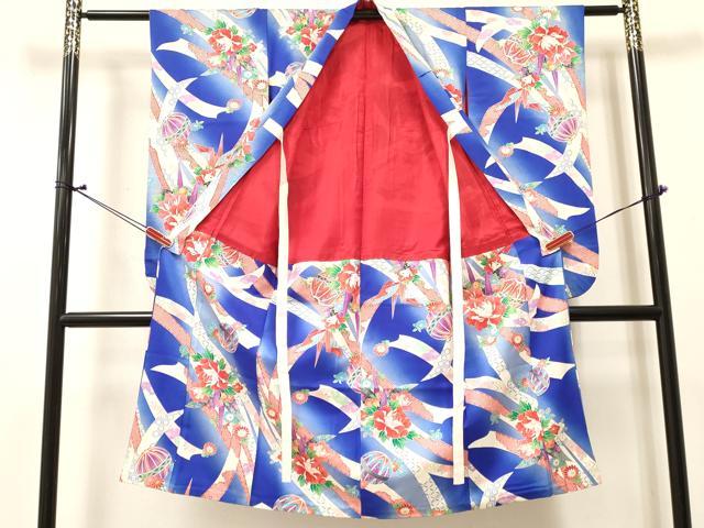 平和屋着物[]七五三　女の子　７歳　祝着　四つ身　折り鶴　熨斗鞠花文　暈し染め　金銀彩　逸品　DABE7180ma