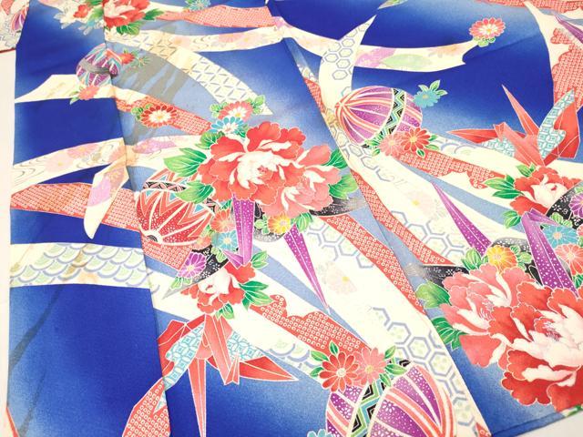 平和屋着物[]七五三　女の子　７歳　祝着　四つ身　折り鶴　熨斗鞠花文　暈し染め　金銀彩　逸品　DABE7180ma