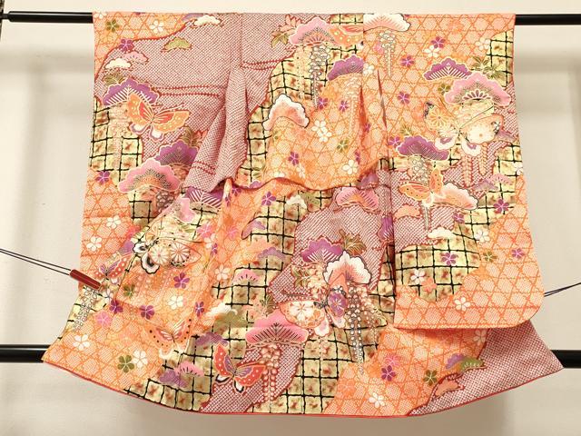 平和屋着物[]七五三 女の子 ３歳 祝着 三つ身 襦袢付き 花蝶文 金彩 逸品 DABE7184ma