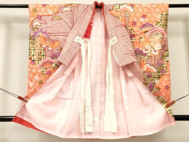 平和屋着物[]七五三　女の子　３歳　祝着　三つ身　襦袢付き　花蝶文　金彩　逸品　DABE7184ma