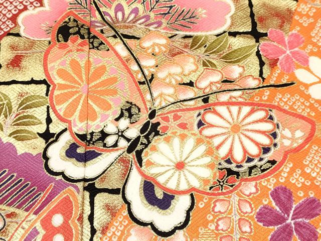 平和屋着物[]七五三　女の子　３歳　祝着　三つ身　襦袢付き　花蝶文　金彩　逸品　DABE7184ma