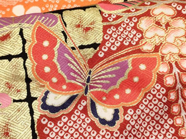 平和屋着物[]七五三　女の子　３歳　祝着　三つ身　襦袢付き　花蝶文　金彩　逸品　DABE7184ma