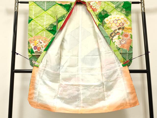 平和屋着物[]七五三　女の子　７歳　祝着　四つ身　駒刺繍　檜扇花文　金彩　洗える着物　DABE7185ma