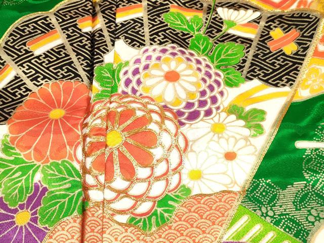 平和屋着物[]七五三　女の子　７歳　祝着　四つ身　駒刺繍　檜扇花文　金彩　洗える着物　DABE7185ma