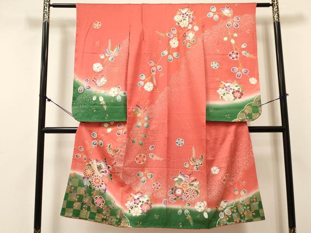 平和屋着物[]七五三　女の子　７歳　祝着　四つ身　駒刺繍　花蝶丸文　暈し染め　金彩　逸品　DABE7186ma
