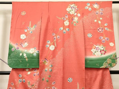 平和屋着物[]七五三　女の子　７歳　祝着　四つ身　駒刺繍　花蝶丸文　暈し染め　金彩　逸品　DABE7186ma