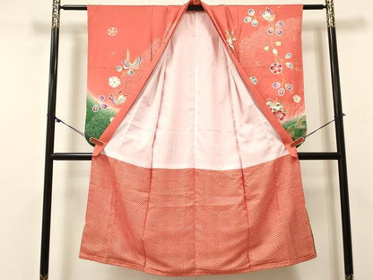 平和屋着物[]七五三　女の子　７歳　祝着　四つ身　駒刺繍　花蝶丸文　暈し染め　金彩　逸品　DABE7186ma