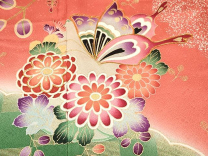 平和屋着物[]七五三　女の子　７歳　祝着　四つ身　駒刺繍　花蝶丸文　暈し染め　金彩　逸品　DABE7186ma