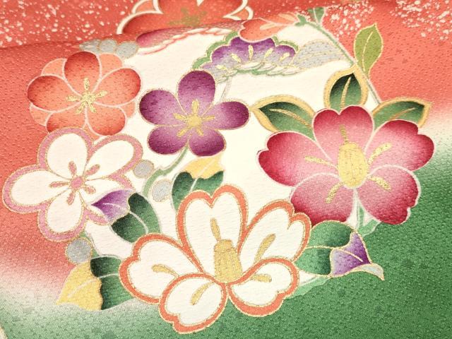 平和屋着物[]七五三　女の子　７歳　祝着　四つ身　駒刺繍　花蝶丸文　暈し染め　金彩　逸品　DABE7186ma