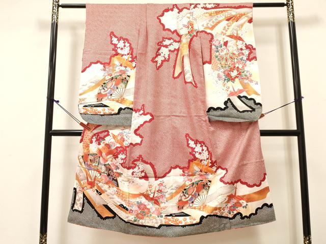 平和屋着物[]七五三　女の子　７歳　祝着　四つ身　駒刺繍　折り鶴　扇面飛鶴花文　暈し染め　金彩　逸品　DABE7187ma