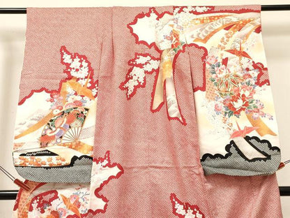 平和屋着物[]七五三　女の子　７歳　祝着　四つ身　駒刺繍　折り鶴　扇面飛鶴花文　暈し染め　金彩　逸品　DABE7187ma