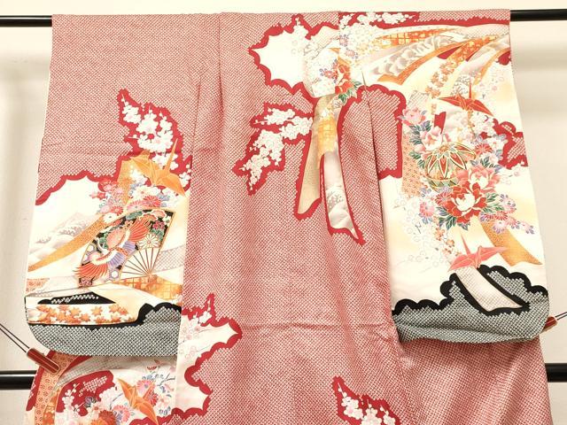 平和屋着物[]七五三　女の子　７歳　祝着　四つ身　駒刺繍　折り鶴　扇面飛鶴花文　暈し染め　金彩　逸品　DABE7187ma