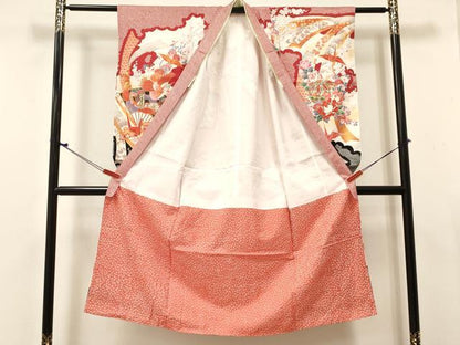 平和屋着物[]七五三　女の子　７歳　祝着　四つ身　駒刺繍　折り鶴　扇面飛鶴花文　暈し染め　金彩　逸品　DABE7187ma