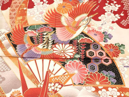 平和屋着物[]七五三　女の子　７歳　祝着　四つ身　駒刺繍　折り鶴　扇面飛鶴花文　暈し染め　金彩　逸品　DABE7187ma