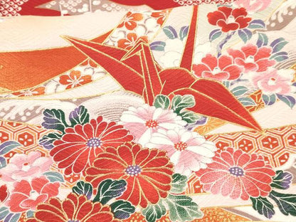 平和屋着物[]七五三　女の子　７歳　祝着　四つ身　駒刺繍　折り鶴　扇面飛鶴花文　暈し染め　金彩　逸品　DABE7187ma