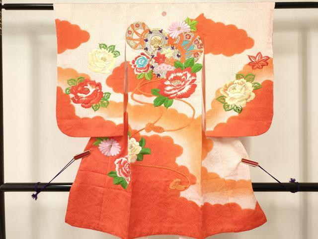 平和屋着物[]七五三　女の子　３歳　祝着　三つ身　駒刺繍　絞り　鼓花文　暈し染め　金銀彩　逸品　DABE7191ma