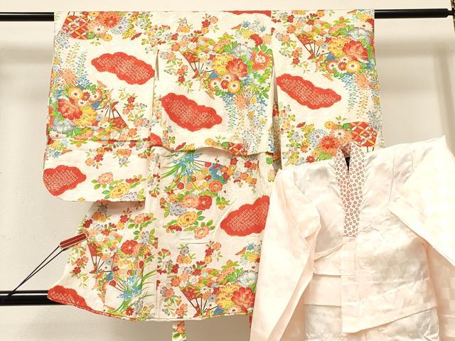 平和屋着物[]七五三　女の子　３歳　祝着　三つ身　長襦袢(袷)セット　絞り　扇面花文　金彩　逸品　DABE7192ma