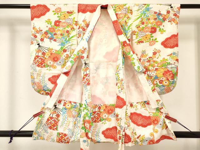 平和屋着物[]七五三　女の子　３歳　祝着　三つ身　長襦袢(袷)セット　絞り　扇面花文　金彩　逸品　DABE7192ma