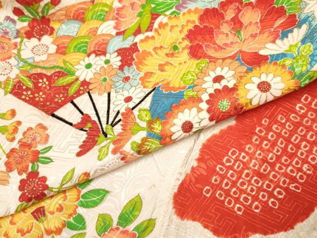 平和屋着物[]七五三　女の子　３歳　祝着　三つ身　長襦袢(袷)セット　絞り　扇面花文　金彩　逸品　DABE7192ma