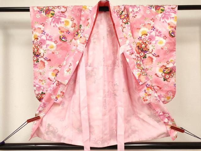 平和屋着物[]七五三　女の子　３歳　祝着　三つ身　長襦袢(単衣)・被布セット　鈴花文　暈し染め　金彩　DABE7206ma