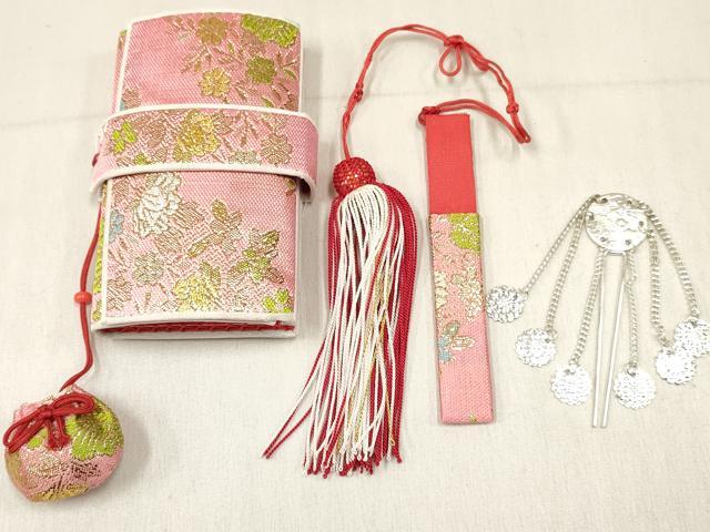平和屋着物[]和装小物　女の子　子供　小物(帯締め・箱迫・びらかん・扇子・バッグ)セット　逸品　DABE7214ma