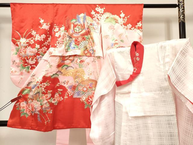 平和屋着物[]七五三　女の子　３歳　祝着　三つ身　長襦袢(袷・半衿刺繍)セット　御所車扇面飛鶴花文　暈し染め　金彩　逸品　DABE7217ma
