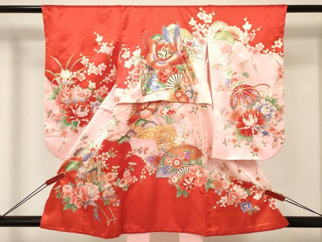 平和屋着物[]七五三　女の子　３歳　祝着　三つ身　長襦袢(袷・半衿刺繍)セット　御所車扇面飛鶴花文　暈し染め　金彩　逸品　DABE7217ma