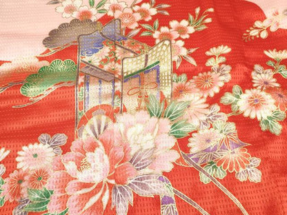平和屋着物[]七五三　女の子　３歳　祝着　三つ身　長襦袢(袷・半衿刺繍)セット　御所車扇面飛鶴花文　暈し染め　金彩　逸品　DABE7217ma