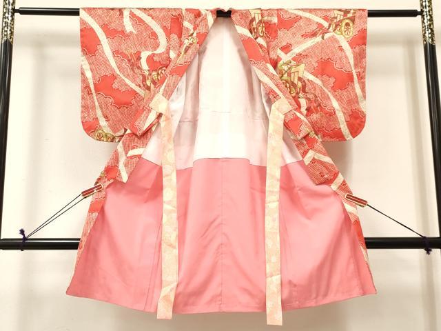 平和屋着物[]七五三　女の子　３歳　祝着　三つ身　羽織セット　御所車花文　金彩　逸品　DABE7219ma