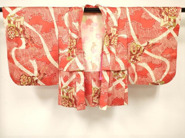 平和屋着物[]七五三　女の子　３歳　祝着　三つ身　羽織セット　御所車花文　金彩　逸品　DABE7219ma