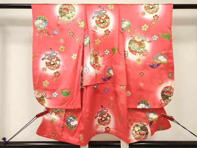 平和屋着物[]七五三　女の子　３歳　祝着　三つ身　折り鶴　鈴花文　暈し染め　金彩　逸品　DABE7223ma