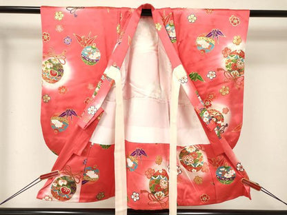 平和屋着物[]七五三　女の子　３歳　祝着　三つ身　折り鶴　鈴花文　暈し染め　金彩　逸品　DABE7223ma