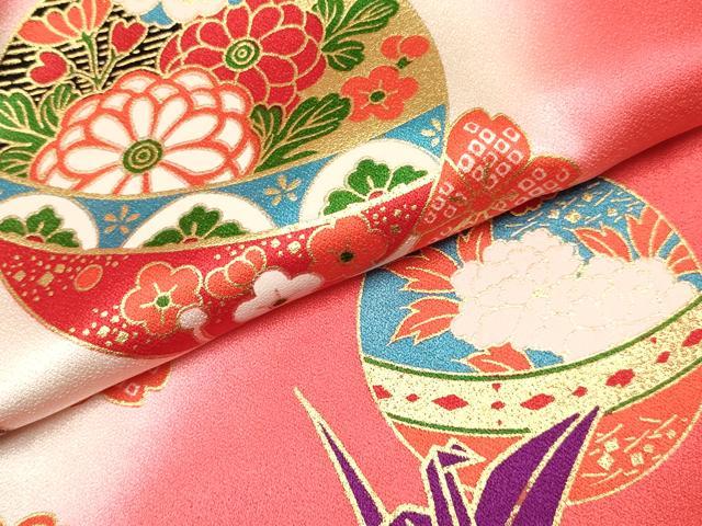 平和屋着物[]七五三　女の子　３歳　祝着　三つ身　折り鶴　鈴花文　暈し染め　金彩　逸品　DABE7223ma