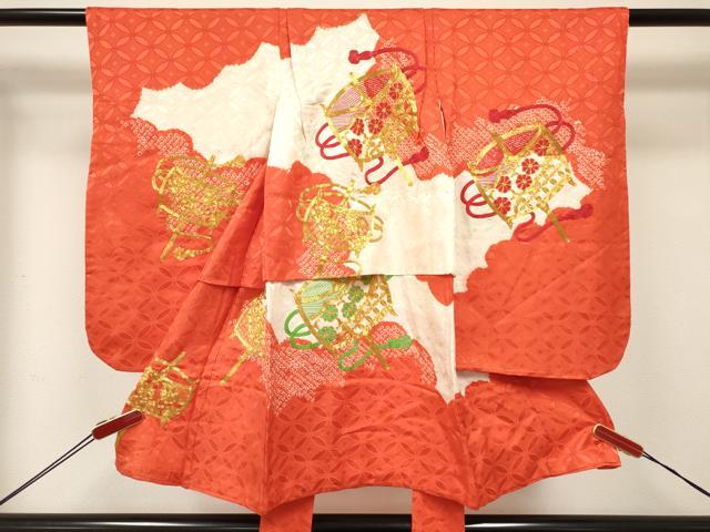 平和屋着物[]七五三　女の子　３歳　祝着　三つ身　絞り　駒刺繍　総刺繍　糸車花文　逸品　DABE7225ma