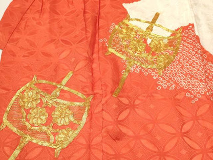平和屋着物[]七五三　女の子　３歳　祝着　三つ身　絞り　駒刺繍　総刺繍　糸車花文　逸品　DABE7225ma