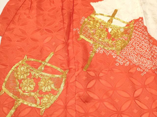 平和屋着物[]七五三　女の子　３歳　祝着　三つ身　絞り　駒刺繍　総刺繍　糸車花文　逸品　DABE7225ma
