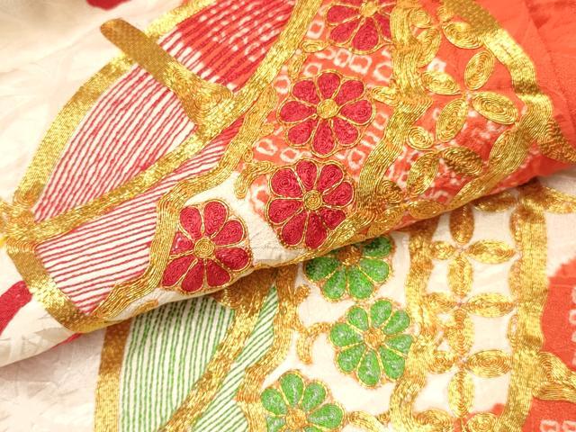 平和屋着物[]七五三　女の子　３歳　祝着　三つ身　絞り　駒刺繍　総刺繍　糸車花文　逸品　DABE7225ma