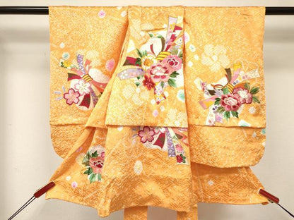 平和屋着物[]七五三　女の子　３歳　祝着　三つ身　絞り　総刺繍　束ね熨斗花文　金糸　逸品　DABE7226ma