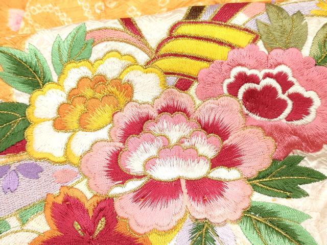 平和屋着物[]七五三　女の子　３歳　祝着　三つ身　絞り　総刺繍　束ね熨斗花文　金糸　逸品　DABE7226ma