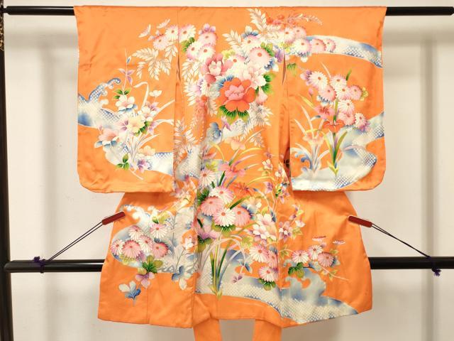 平和屋着物[]七五三　女の子　３歳　祝着　三つ身　立波牡丹花文　金彩　逸品　DABE7227ma