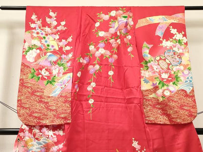 平和屋着物[]七五三　女の子　７歳　祝着　四つ身　鴛鴦　舞蝶花車文　暈し染め　金彩　逸品　DABE7228ma