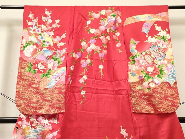 平和屋着物[]七五三　女の子　７歳　祝着　四つ身　鴛鴦　舞蝶花車文　暈し染め　金彩　逸品　DABE7228ma
