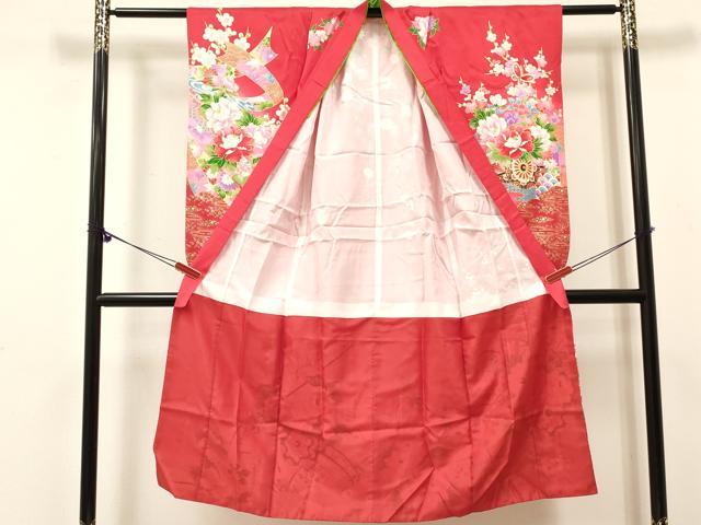 平和屋着物[]七五三　女の子　７歳　祝着　四つ身　鴛鴦　舞蝶花車文　暈し染め　金彩　逸品　DABE7228ma