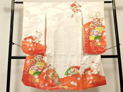 平和屋着物[]七五三　女の子　７歳　祝着　四つ身　駒刺繍　松竹梅　檜扇花文　金銀彩　DABE7229ma