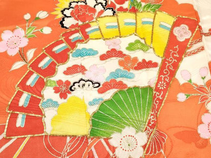 平和屋着物[]七五三　女の子　７歳　祝着　四つ身　駒刺繍　松竹梅　檜扇花文　金銀彩　DABE7229ma