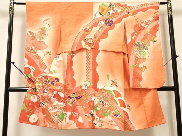平和屋着物[]七五三　女の子　７歳　祝着　四つ身　駒刺繍　打ち出の小槌　仕覆花文　暈し染め　金彩　逸品　DABE7230ma